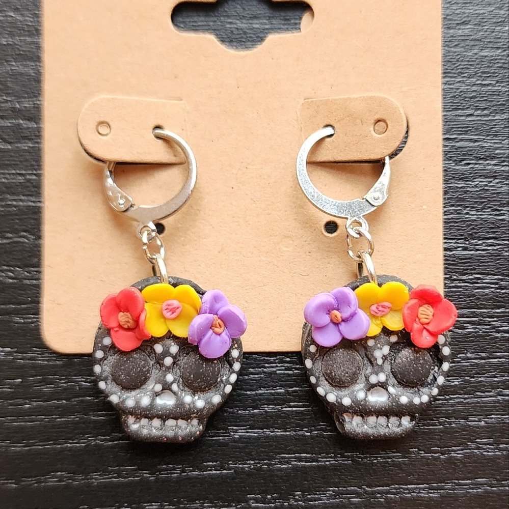 Black Skull Clay Leverback Dangle Earrings